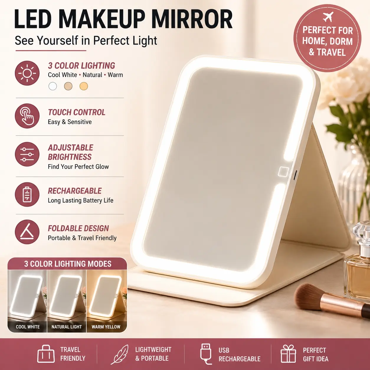 2026 Trending Makeup Mirror with Lights, Rechargeable 3 Color LED Travel Vanity Mirror with Touch Control & Dimmable Lighting, Foldable Portable Cosmetic Mirror for Makeup, Dorm & Travel