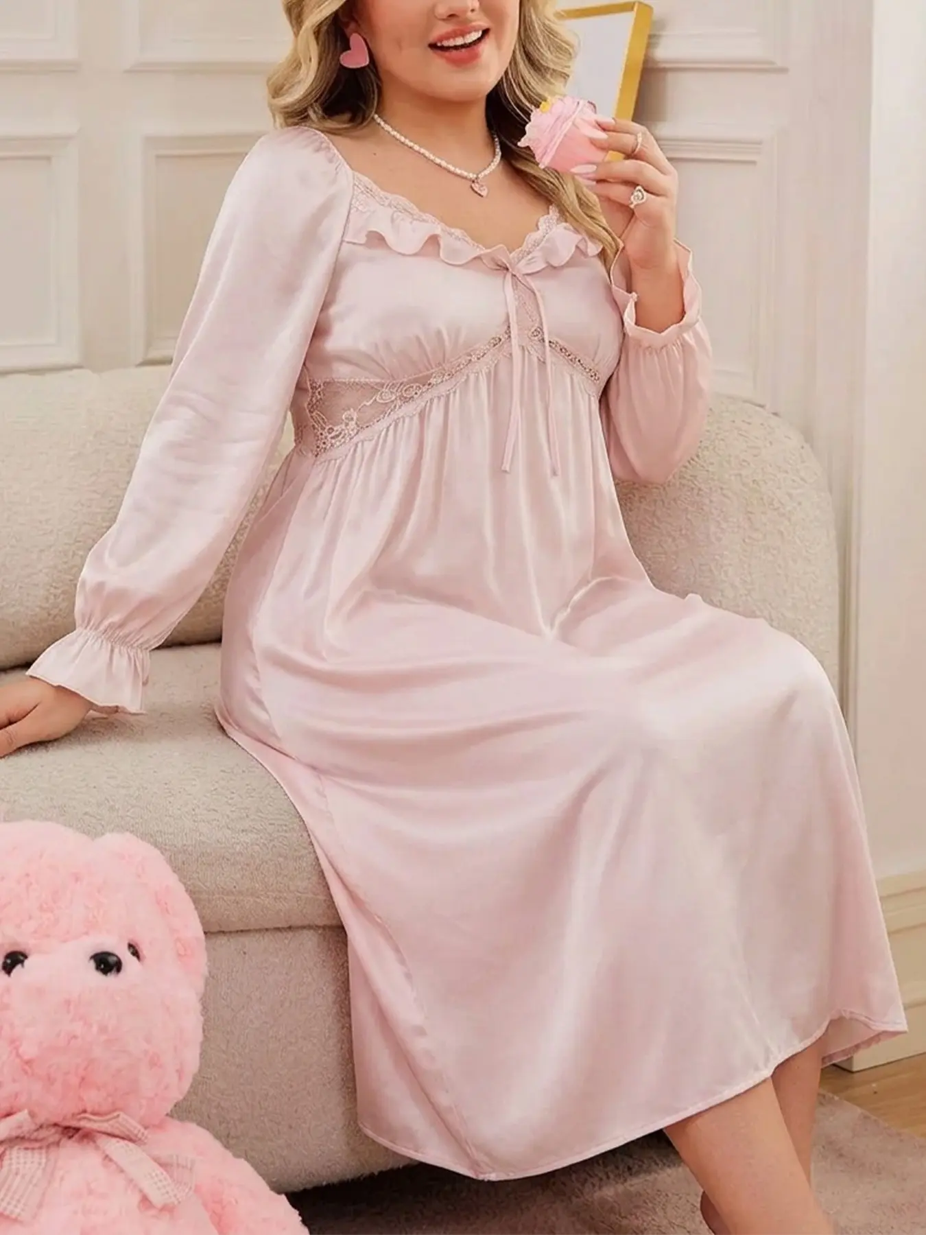 1PC Summer Plus Size Satin Long Nightgown Lace Trim V Neck Long Sleeve Empire Waist Loose Luxury Loungewear Viral Dress