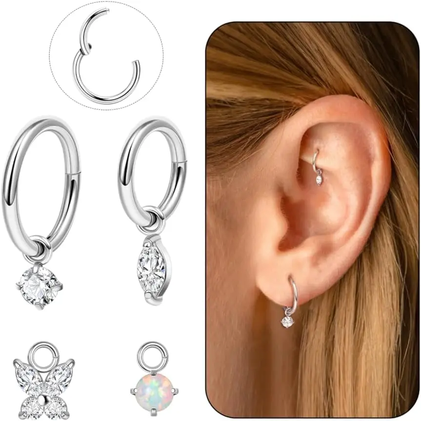 16G 18G G23 Titanium Clicker Rook   for Women Dangle Helix Hoop Earring Cartilage Earring Conch Tragus Hoop  CZ Lobe Daith   6mm 8mm