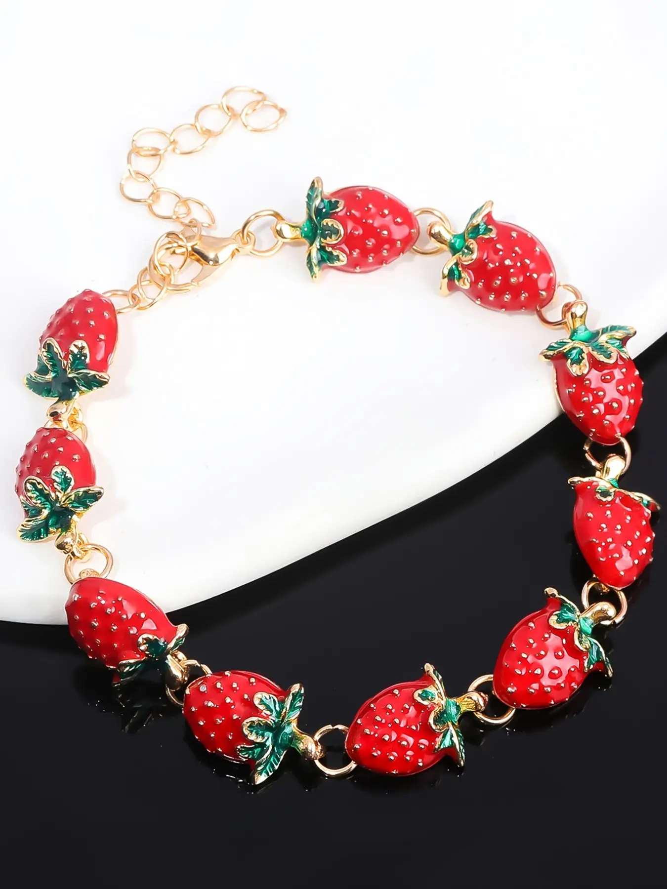 Elegant Strawberry Fruit Bracelet with Extender Chain, Chic Fun Jewelry, Fashionable Wrist Accessory for Women, Ideal Holiday Gift