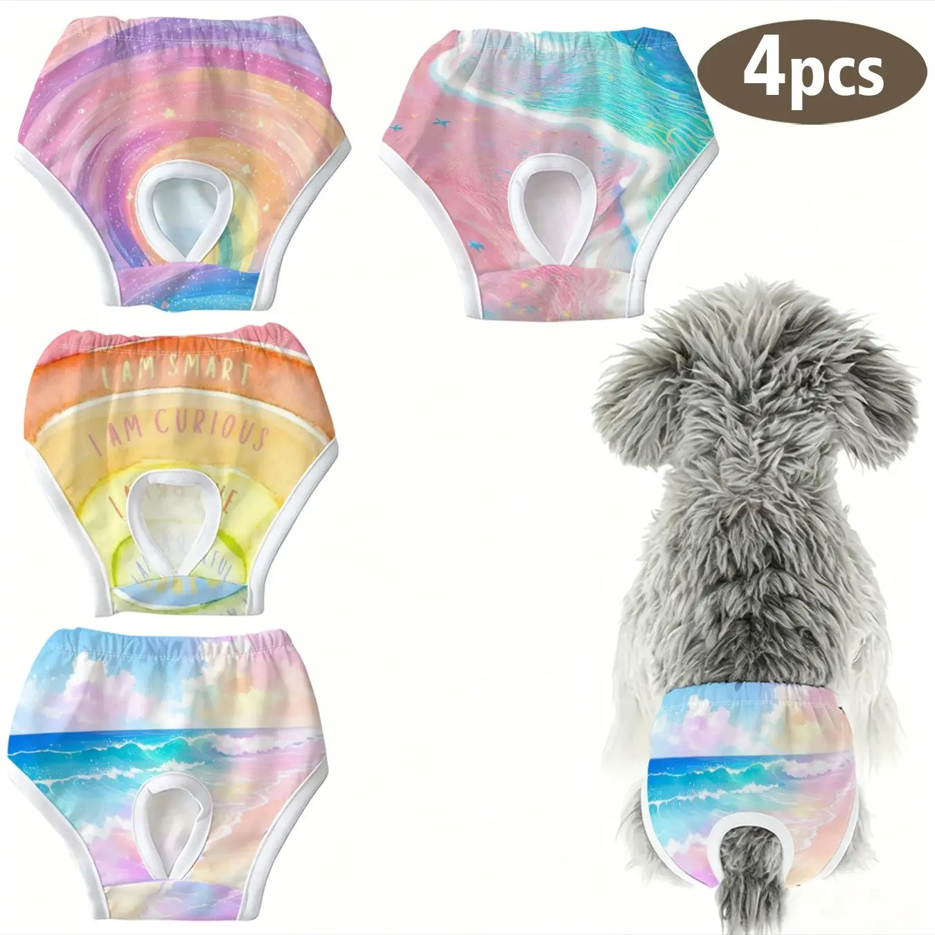 4-Pack Cute Pet Dog Cat Panties, Hand-Drawn Beach Rainbow Print, Anti-Peck Underwear for Small Dogs and Cats, Ideal for Holidays, Home, Travel