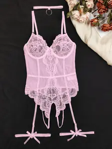 Women's Solid Color Lace Sexy Lingerie Three-piece Set, Chic Comfy Breathable Bra & Garter Belt & Thong Set for Daily Wear, Women Sexy Lingeries & Costumes  computer love bra clean girl style rave outfit
