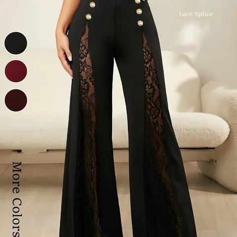 Women's solid color knitted pants, Aesthetic, Elegant, decorated with buttons, semi transparent lace splicing wide leg bell bottoms, suitable for spring/summer, formal/casual, daily outdoor wear Lace Flare