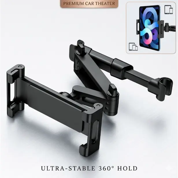 Backseat Tablet Mount, Universal Car Headrest Holder with Anti-Vibration Rubber Grips, 360° Ball Joint, Base Bar Clamps, 5.3-12.9 Inches for Phones & All Generations of iPads, Latex, Toolless Install (Leisure & Outdoor Road Trip Use), Tablets