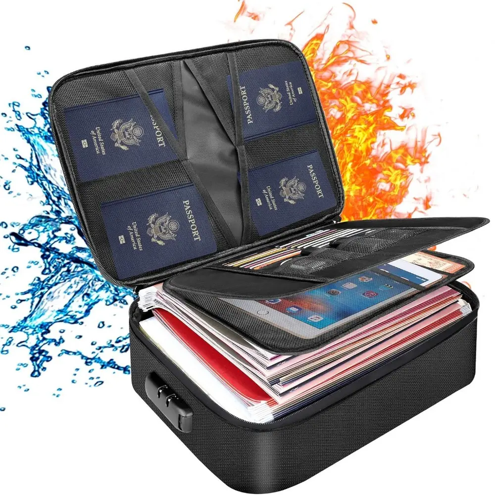 Portable Passport File Bag with Lock, 1 Count 3 Layer Fireproof File Storage Bag, Waterproof Zipper File Organizer, Travel Storage Bag for Home Office, Passport Holder Protector
