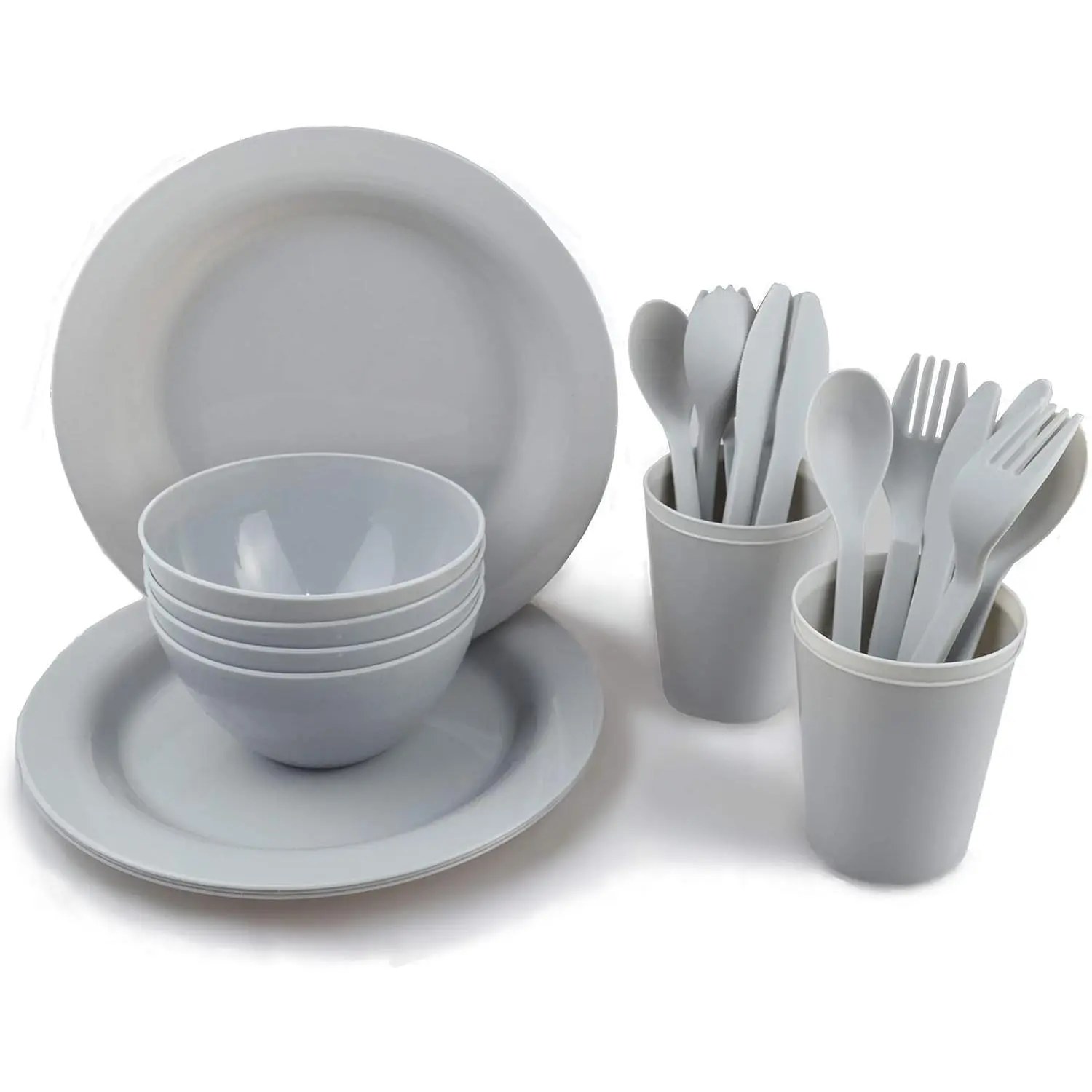 Plastic Plates and Bowls Sets,College Dorm Room Essentials Dishes Set Camping Plates,Dinnerware Accessories Mess Kit-Microwaveoven Safe BPA-Free with Mesh Bag-24PCS