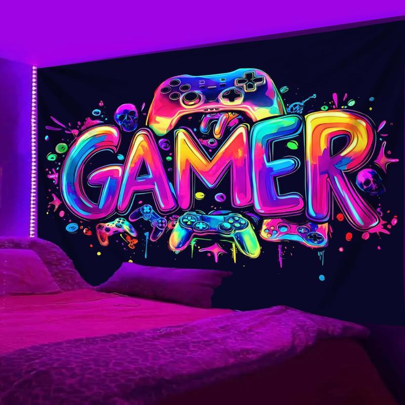 Game Controller Pattern Tapestry, UV Reactive Black Light Tapestry, Game Controller Neon Light Effect Wall Hanging, Bedroom Aesthetic Art Decoration Wall Tapestries