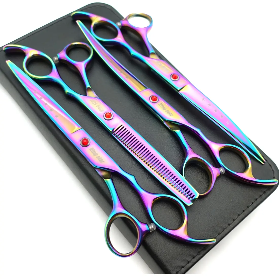 KINGSTAR 7.0in Titanium Coated Rainbow Professional Right-Hand Pet Grooming Scissor Set - 4pcs Universal Set with Straight, Thinning, Curved Scissors for Dog Hair Cutting