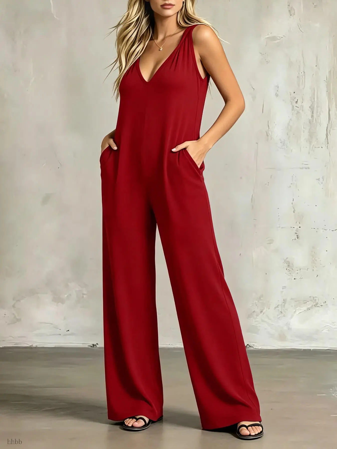 Loose Sleeveless Hooded Jumpsuit, Deep V Wide Leg Side Pockets, One-Piece Home Sleepwear, Casual Slim-Fitting, Unlined Plain Surface, Flowy, Lightweight