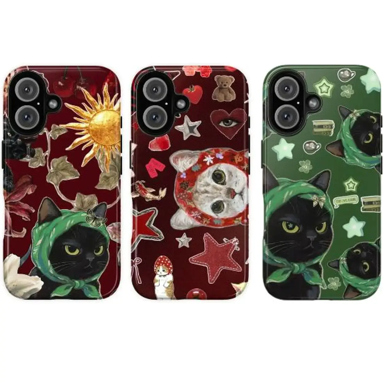 W.itchy C.ottagecore C.at Case | M.ystical S.tar & F.lower Art Cover | C.ute G.reen & R.ed Aesthetic Protective Shell | for iPhone 16/15/14/13/12/11/17 ProMax Plus, Unisex Trendy Daily Accessory, High-Quality Graphic. Great for magical vibe lovers.