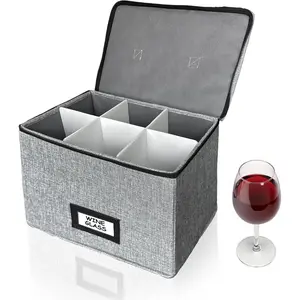 Wine Glass Storage Box with Dividers, Holds 6 Red or White Wine Glasses, Hard Top and Sides, 6 Compartment Stemware Storage Container, Grey