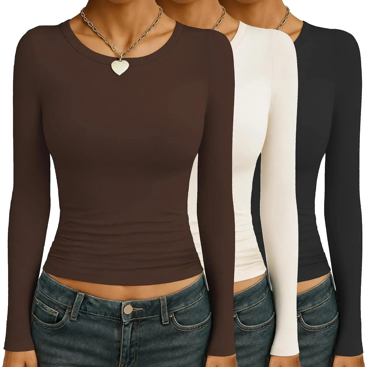 Womens 3 Pack Long Sleeve Shirts Ruched Side Fitted Undershirts Round Neck Underscrubs Thermal Tops XS-XXL