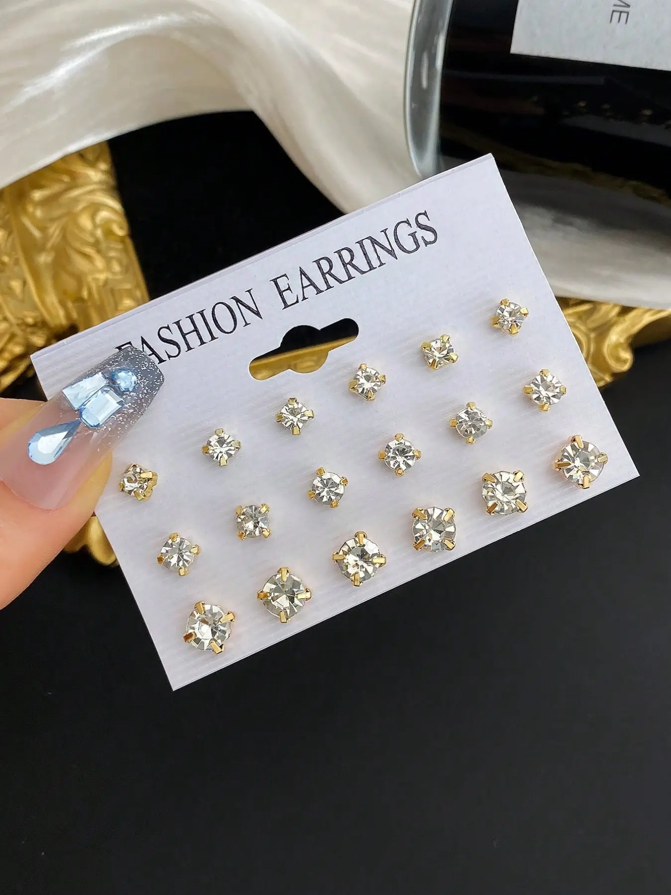 18pcs Premium Rhinestone Stud Earrings Set for Women, Shiny Crystal Solitaire Earrings in Assorted Sizes, Gold Tone Ear Stud Collection, Classic Everyday Jewelry, Fashionable Earrings, Fashion Accessories for Work, Party & Gift
