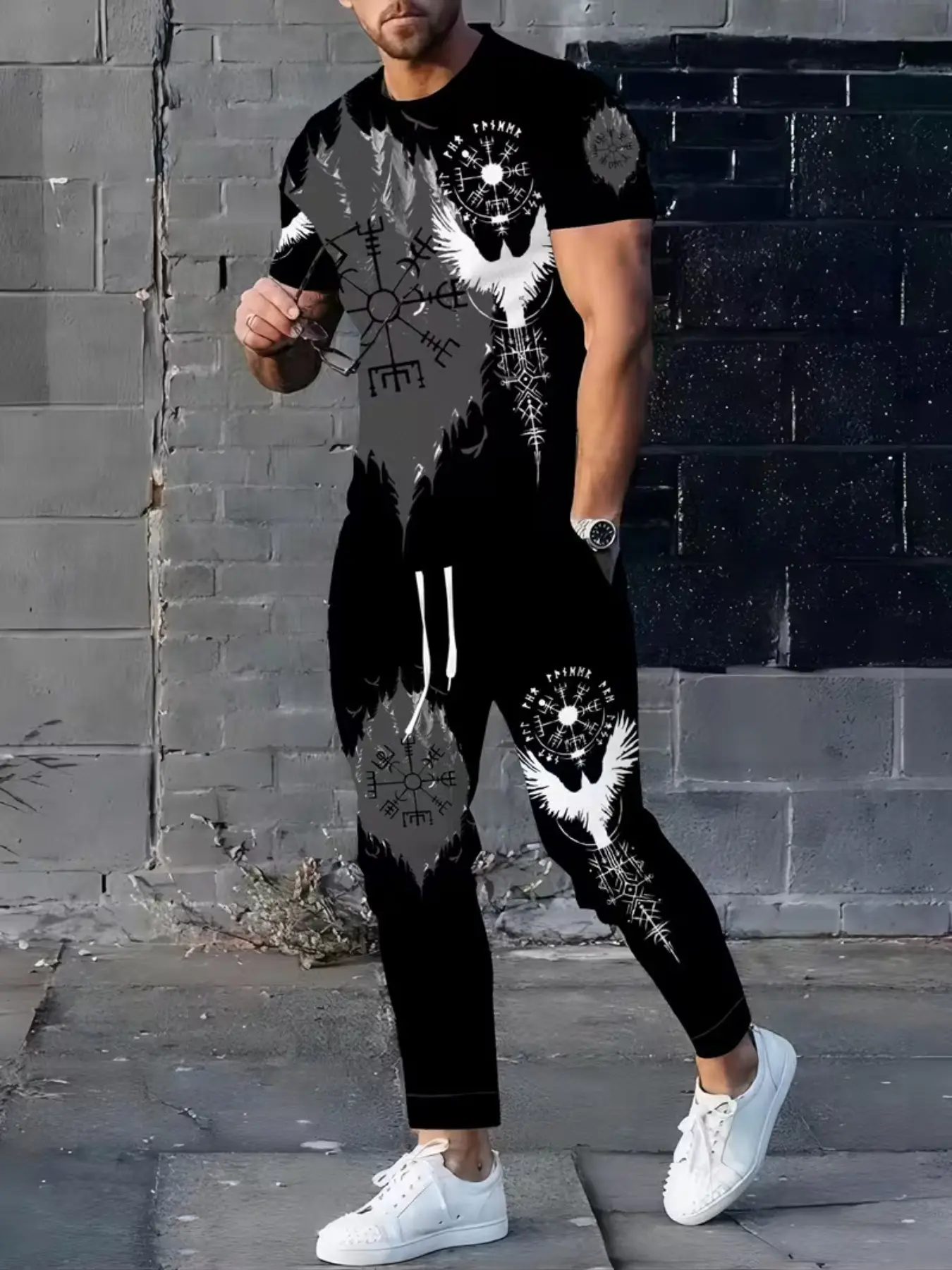 Men's Vintage Print Set, Dark Viking Totem Raven Rune Short Sleeve Long Pants, Casual Streetwear Two-Piece, All Seasons