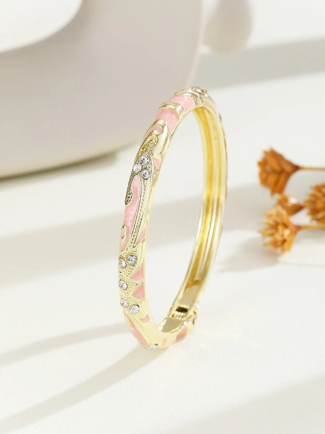 Vintage Cloisonne Enamel Bangle Bracelet for Women, Gold Plated Rhinestone Crystal Hinged Cuff Bracelet, Palace Filigree Scroll Wave Jewelry, Elegant Gift for Anniversary Birthday Party Daily Wear
