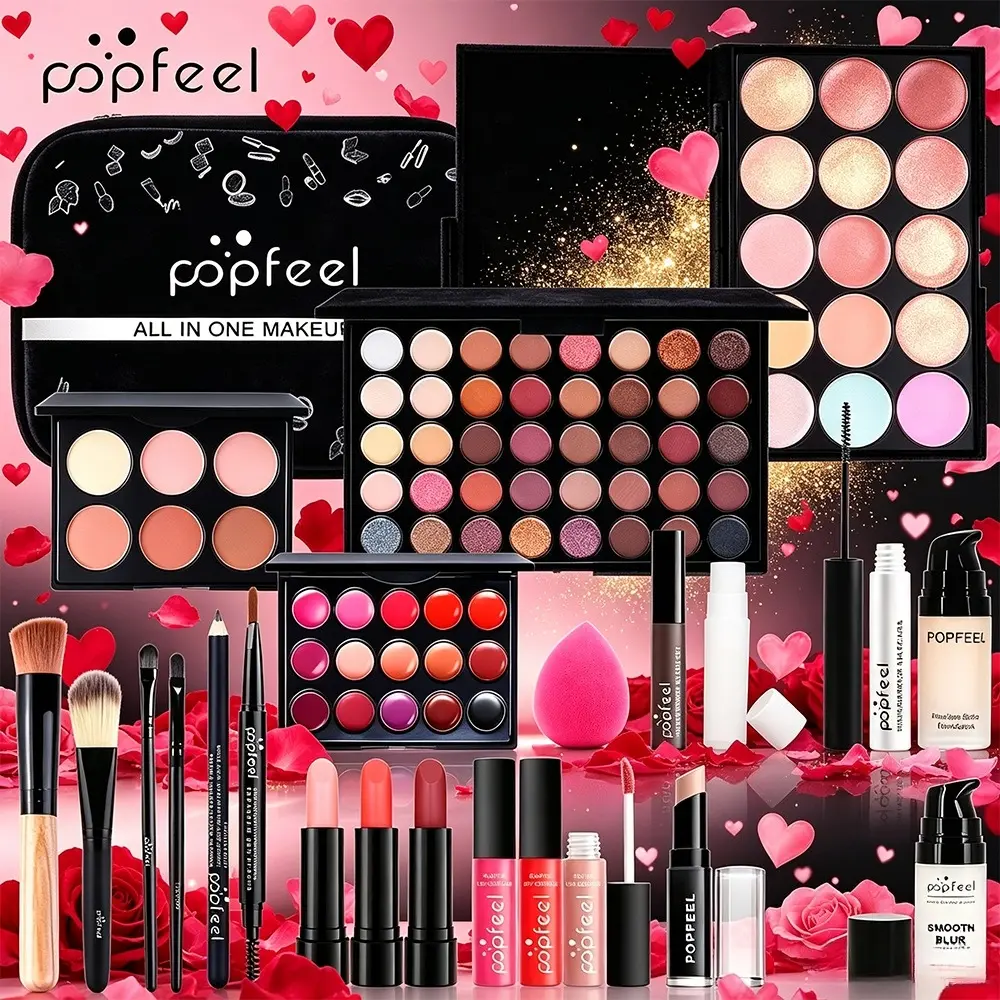 Beginner‑Friendly POPFEEL All‑In‑One Full‑Face Makeup Set, Equipped With Eyeshadow Palette, Lipstick, Mascara, Makeup Brushes And Storage Makeup Bag, Create Various Finished Looks, Exquisite Present For Women On Mother’s Day And Birthday.