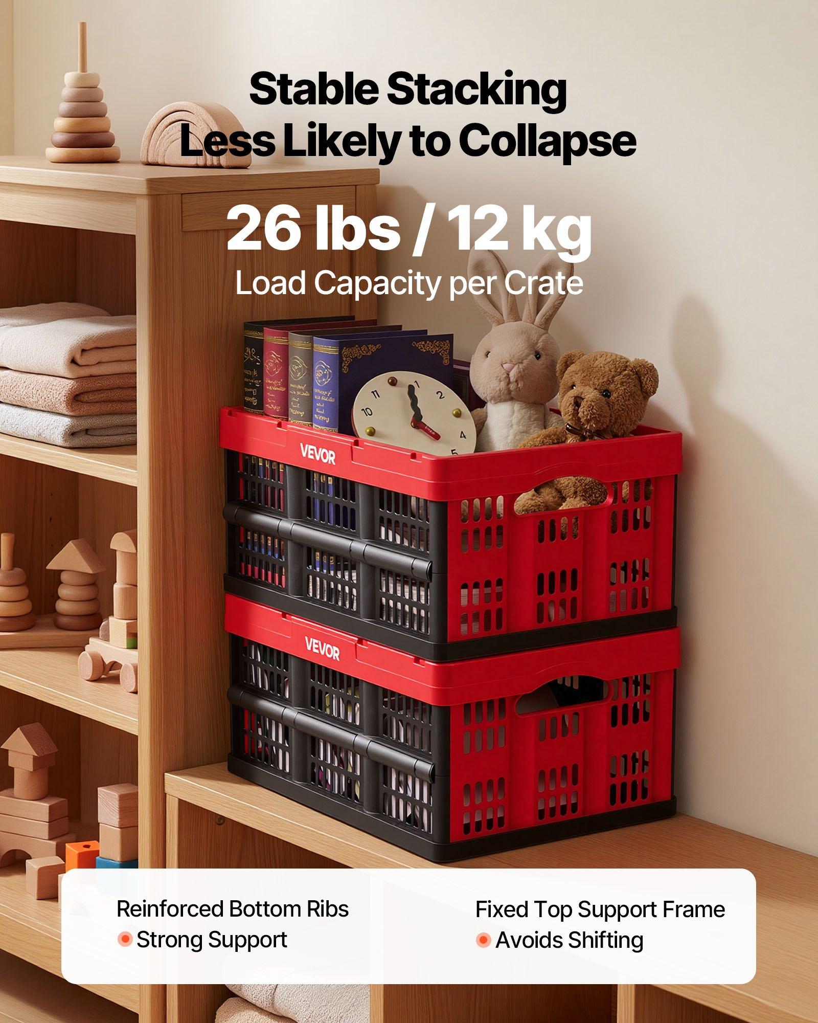 VEVOR Plastic Collapsible Storage Bins, 32L 3 Packs, Stackable Folding Storage Crates with Handles, Holds 26 lbs Per Bin, Foldable Heavy Duty Containers, Space-Saving Baskets, for Home Organizing