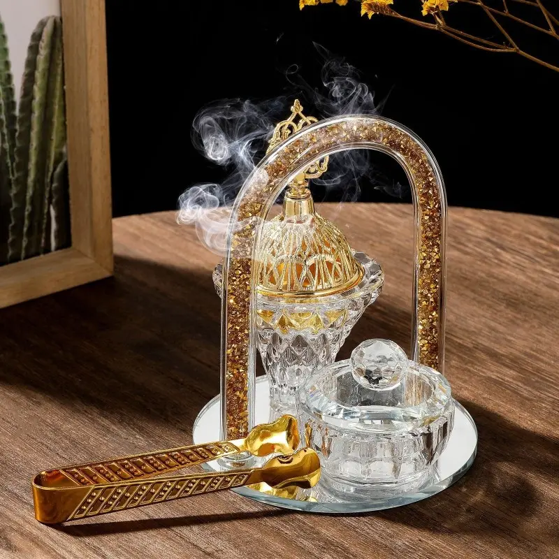 1pc Wedding Candle Holder Crystal Glass Scented Incense Burner, Middle Eastern Craft Decor, Arabic Candle Stand, Hollow Atmosphere Ornament Fragrance Aroma, Home Fragrance Decor
