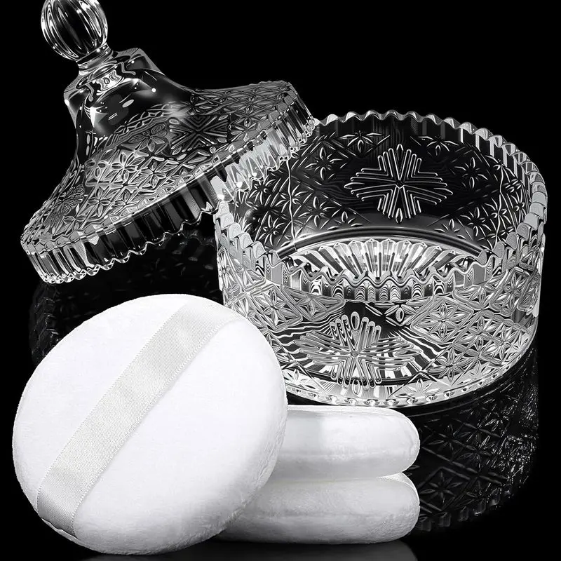 4 Pack Dusting Powder Container with Powder Puff, 4 Inch Clear Crystal‑Glass Empty Cosmetic Jars, Refillable Loose Powder Storage Case for Body & Makeup Powder