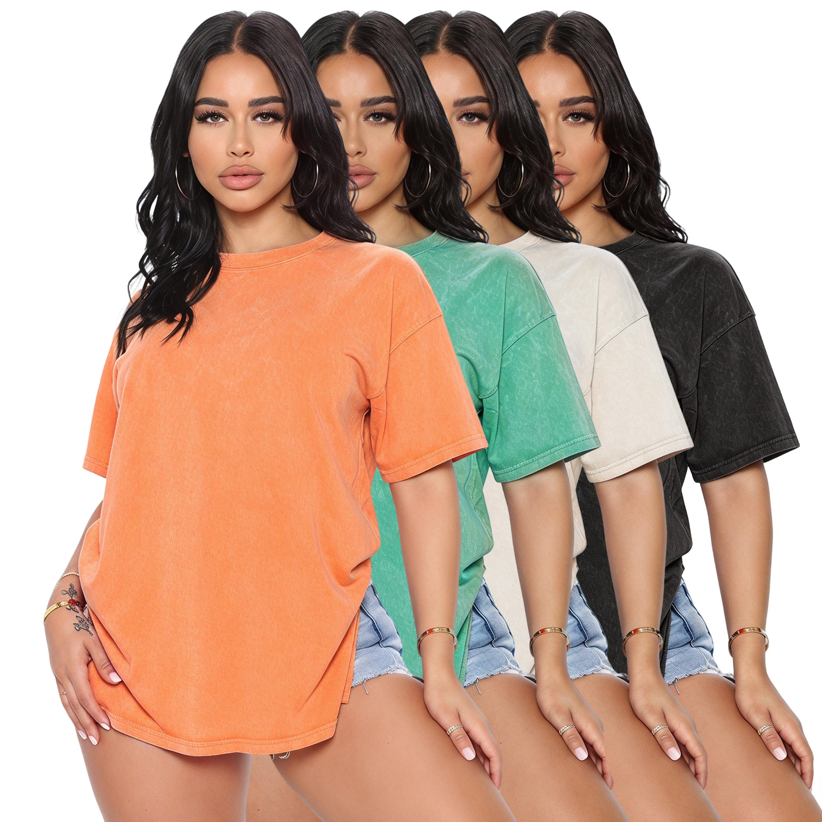 Women's 4-Pack Pure Cotton Crew Neck Short Sleeve Loose-Fit Plain Casual Machine-Washable Basic Tees, Distressed Wash Round Neck Cotton Shirt Tees, Shortsleeve Crewneck Streetwear Top Shirts for Women, Basic Tops