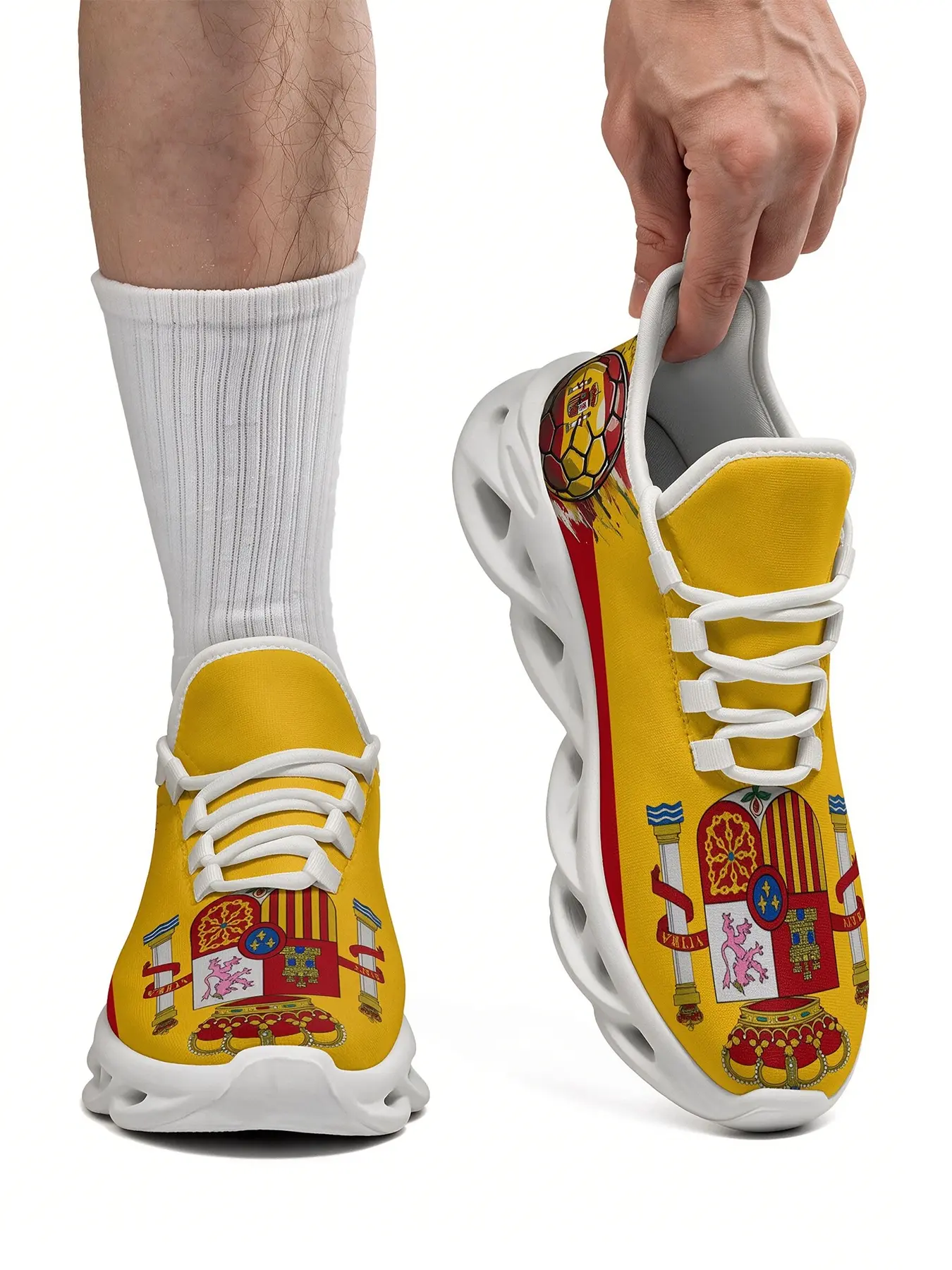 Bright Yellow Red Contrast Retro European Heraldic Crest Print Blade Sole Chunky Spanish flag Sneakers, Lightweight Breathable Lace Up Platform Streetwear Trainers For Adult Men Daily Walking
