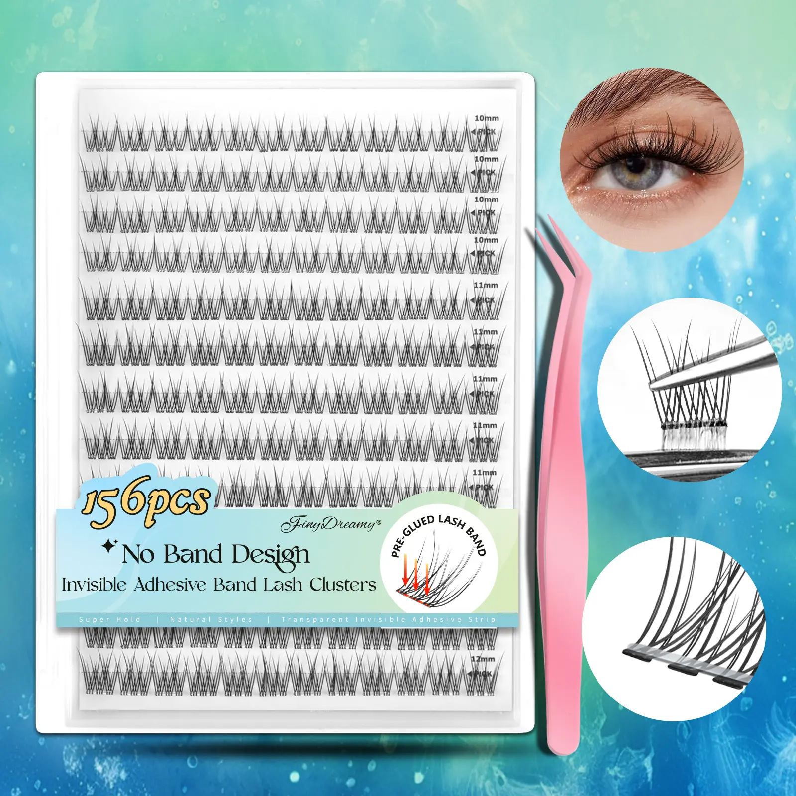 Self-Stick False Eyelashes Mixed Volume Invisible Adhesive 156 pre-applied lash clusters No additional glue required Invisible adhesive strip Ideal for weddings, parties, everyday makeup, and more Pre-glued lashes Pre-glued Eyelashes