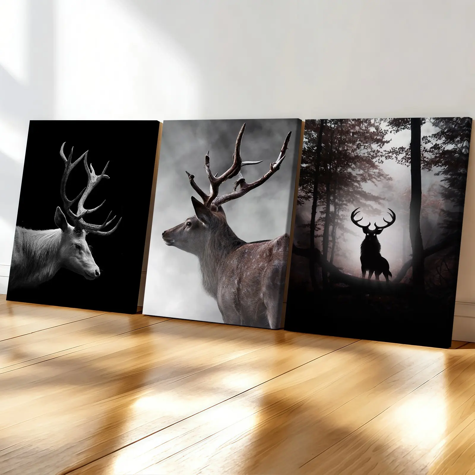 3-Pack Wood Frame Canvas Posters, Nordic Style Deer Silhouette Art, Modern Living Room Decor, Dust-Proof Waterproof, Office Bedroom Wall Art