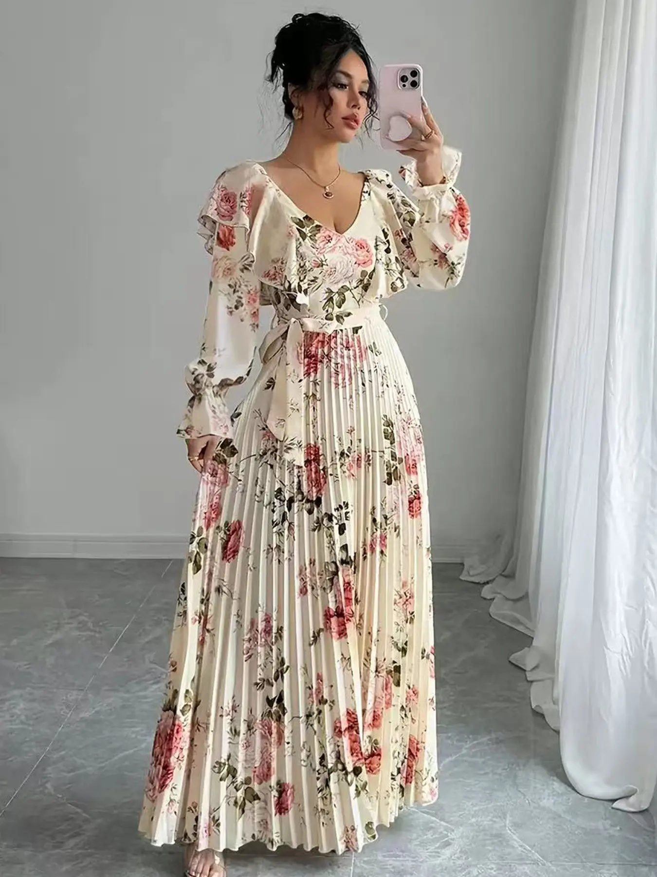 Vintage Rose Print Chiffon Pleated Long Dress for Women, Romantic Ruffle Sleeve Evening Gown, Floral Ruffle V Neck Pleated Long Dress