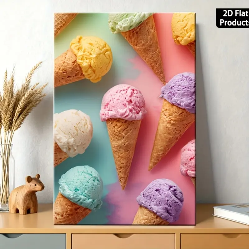 [2D] 1 piece vintage art wooden frame poster, brightly colored ice cream cone shape, featuring vibrant and delicious ice cream, for Christmas and Christmas Eve home decoration and room decoration