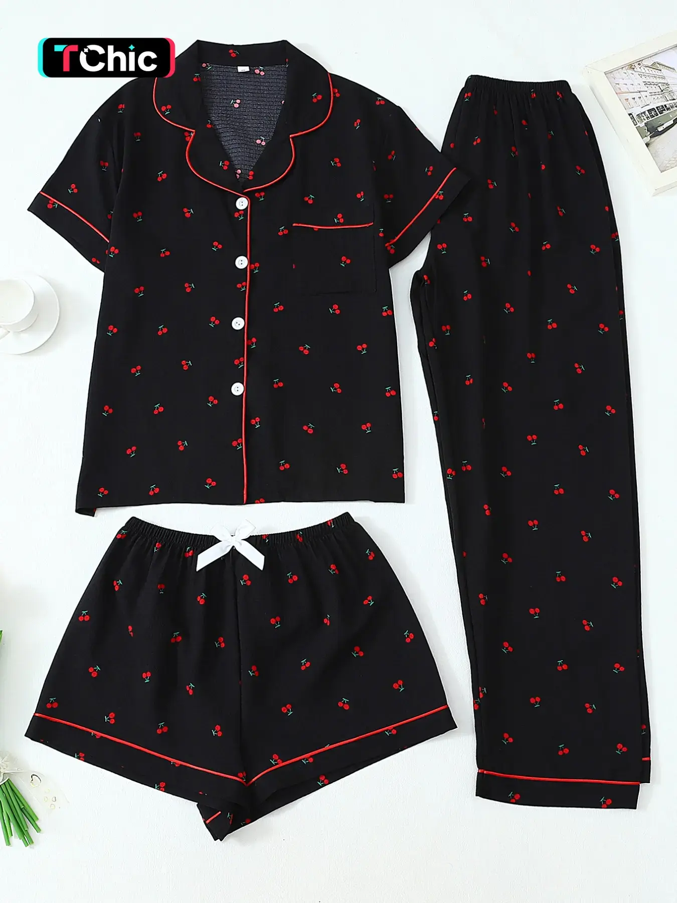 Three-Piece Women's Cherry Fruit Print Pajama Set, Short Sleeve Button Front Top with Pockets, Casual Home Wear Loungewear Nightwear for All Seasons