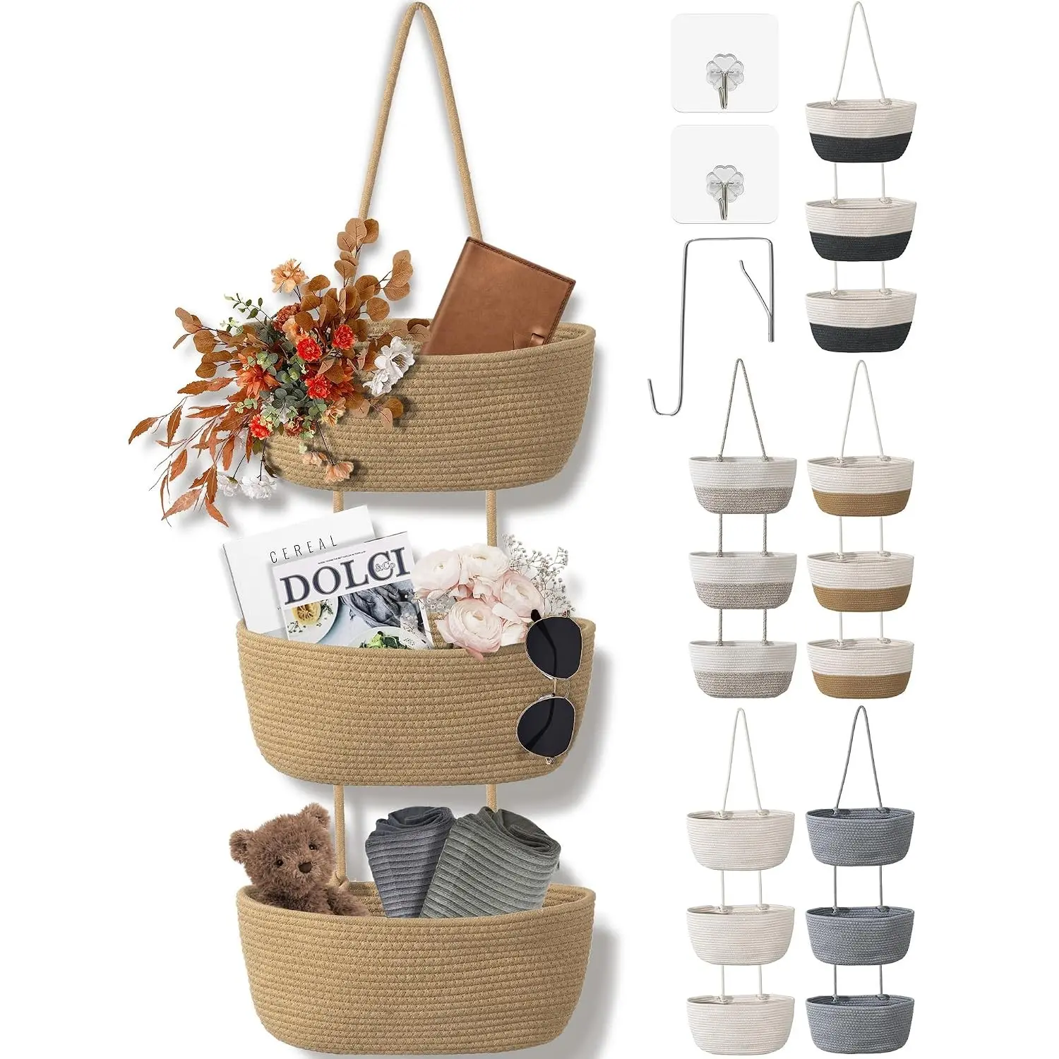 3 Tier Wall Mounted Woven Hanging Basket with Hooks, Over The Door Decorative Storage Organizer, Large Removable Closet Wall Basket for Living Room, Bedroom, Kitchen, Brown(Gift)