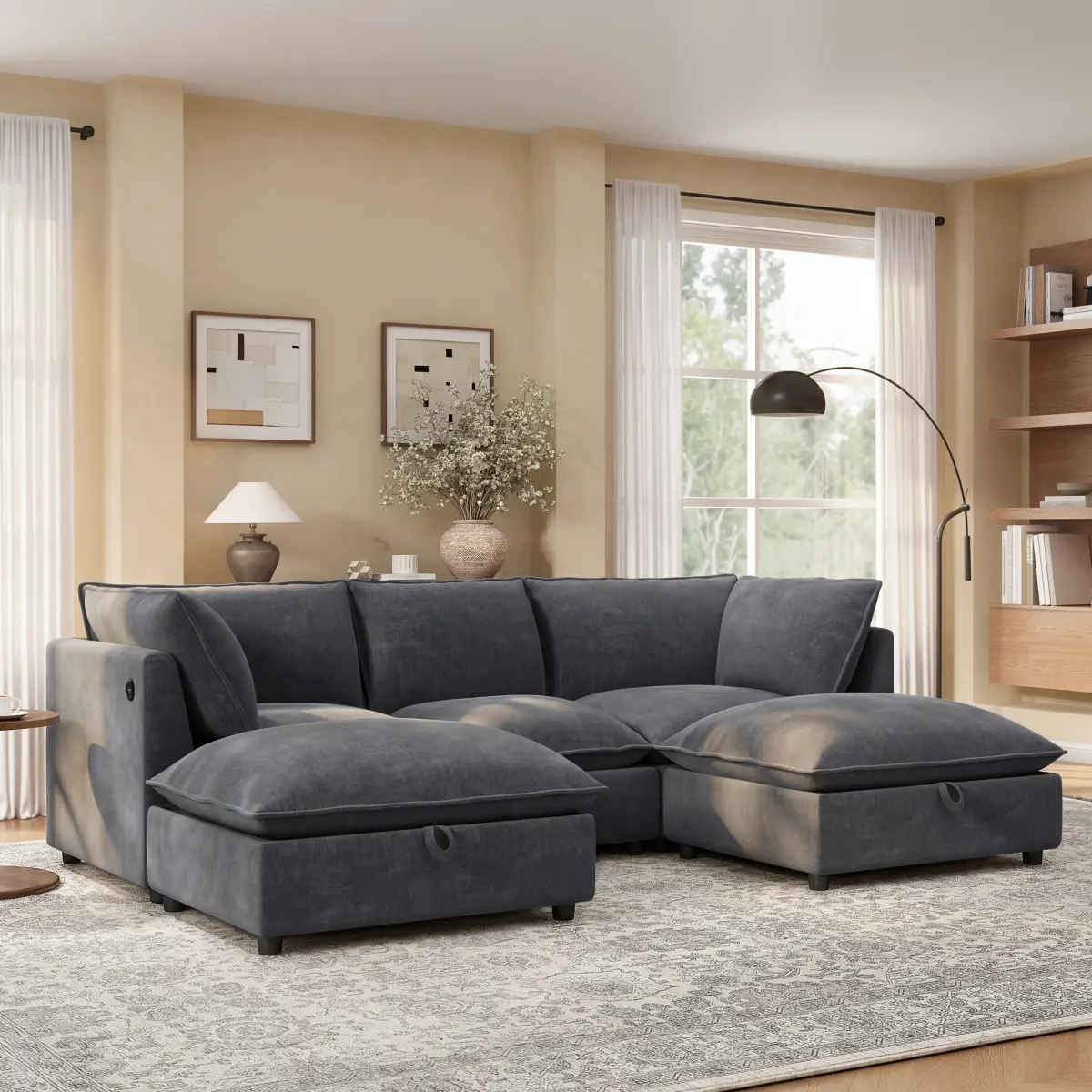 Aobtkel 98x63.5" 5-Seater Modular Sectional Sofa, U-Shaped Cloud Couch with Movable Storage Ottoman, Fold-Down Backrest Fold-Table, Charging Ports, Cup Holders, Plush Pillow, Chenille Deep Seat for Living Room WL, Five-Seater