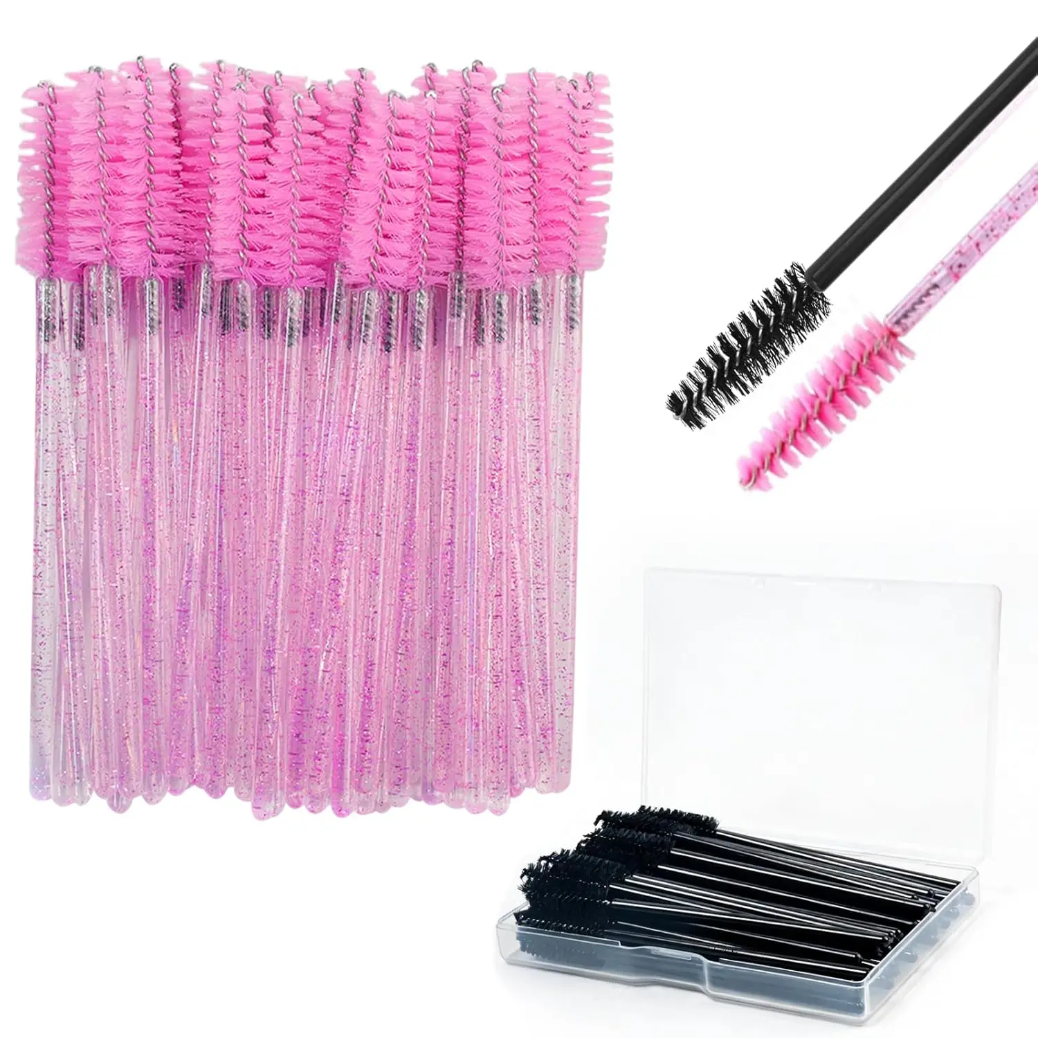 100 Pcs Eyelash Brush Disposable Mascara Wands, Crystal Eyebrow Spoolies Brush for Extensions, Eyelash Extensions Make Brush Tools with Container