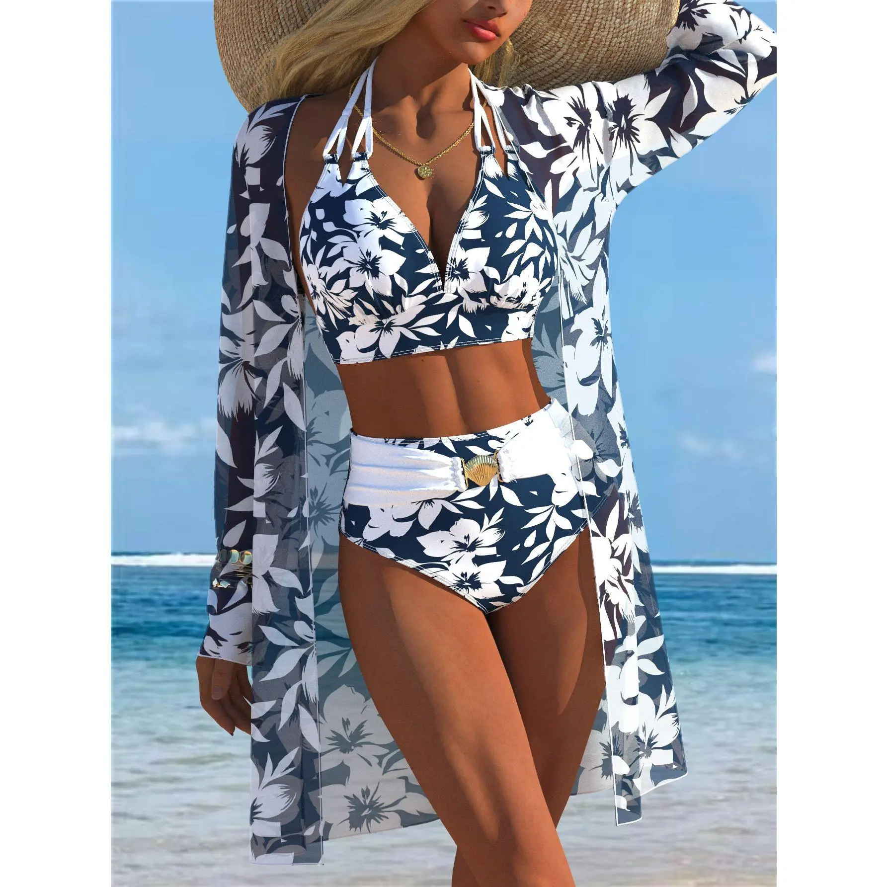 New Arrival Women's Sexy Stylish Quick-Dry 3-Piece Bikini Swimsuit Set, Sun Protection, Long Sleeve Mesh Printed Cover Up, Classic Triangle Bikini, Beach & Pool Swimwear, Printed Bikini Outfit Set