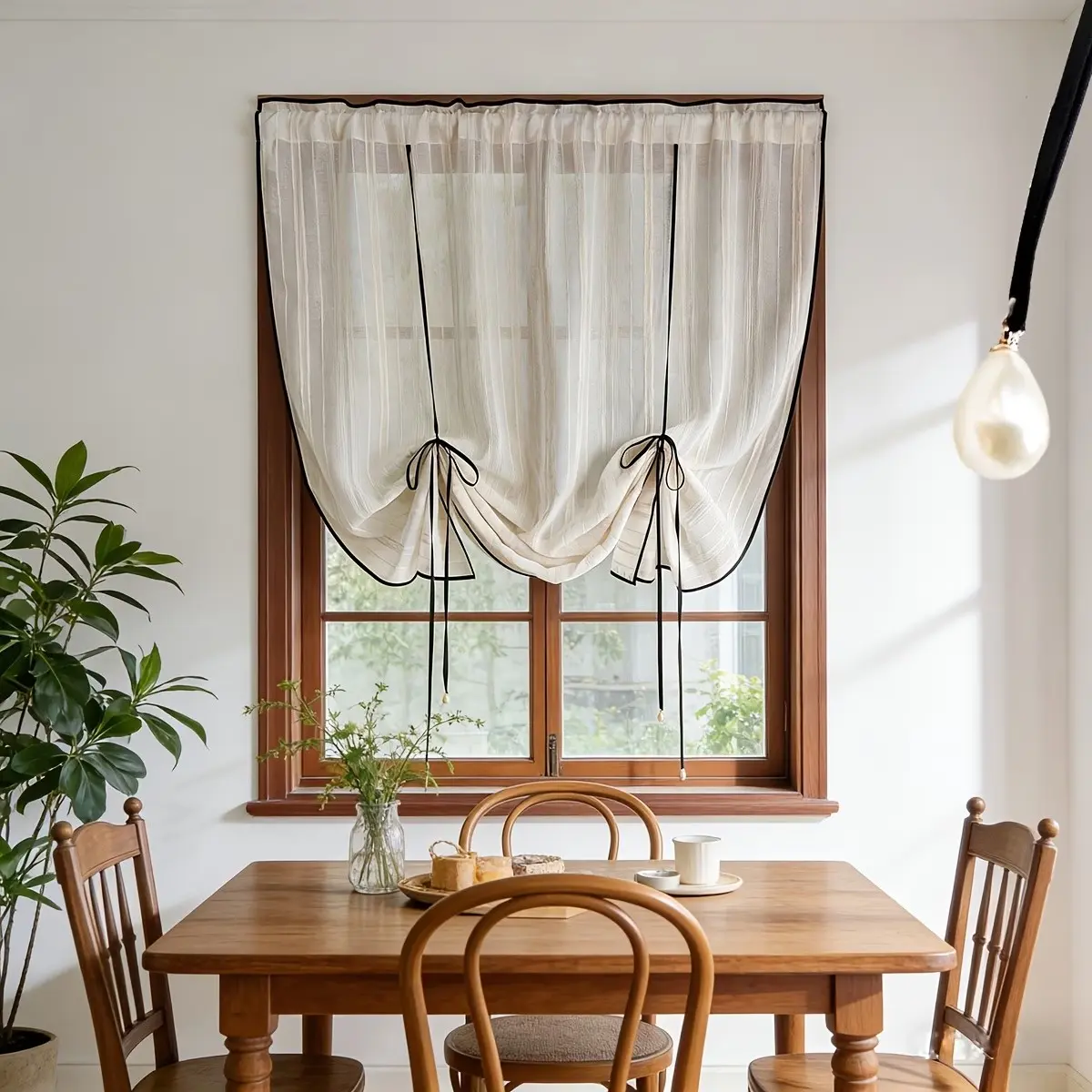 1pc French Vintage Striped Linen-Style Drapes, Adjustable Pull-Up Sheer Curtain, Beaded Ribbon Tail, Rod Pocket Design, Suitable for Living Room, Kitchen, Door