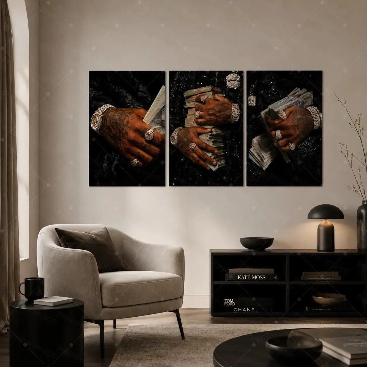 Black & Gold Money & Bling Canvas Wall Art Set of 3, Luxury Cash and Diamond Print, Hustle Culture Aesthetic Decor for Home Office, Gift for Entrepreneurs,wall decor,poster.
