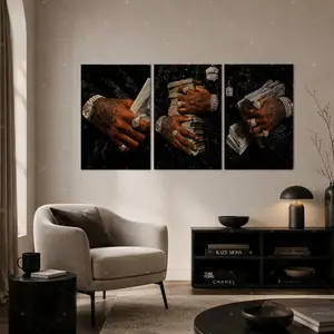 Black & Gold Money & Bling Canvas Wall Art Set of 3, Luxury Cash and Diamond Print, Hustle Culture Aesthetic Decor for Home Office, Gift for Entrepreneurs,wall decor,poster.