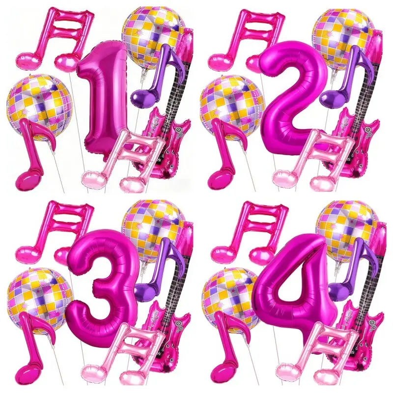 16 Note Guitar Disco Ball Balloons Set, 32 Inch Rose Numbers 1-9, Music Theme Birthday Party Decorations, Balloon Decorations Kit, Perfect for Celebrations