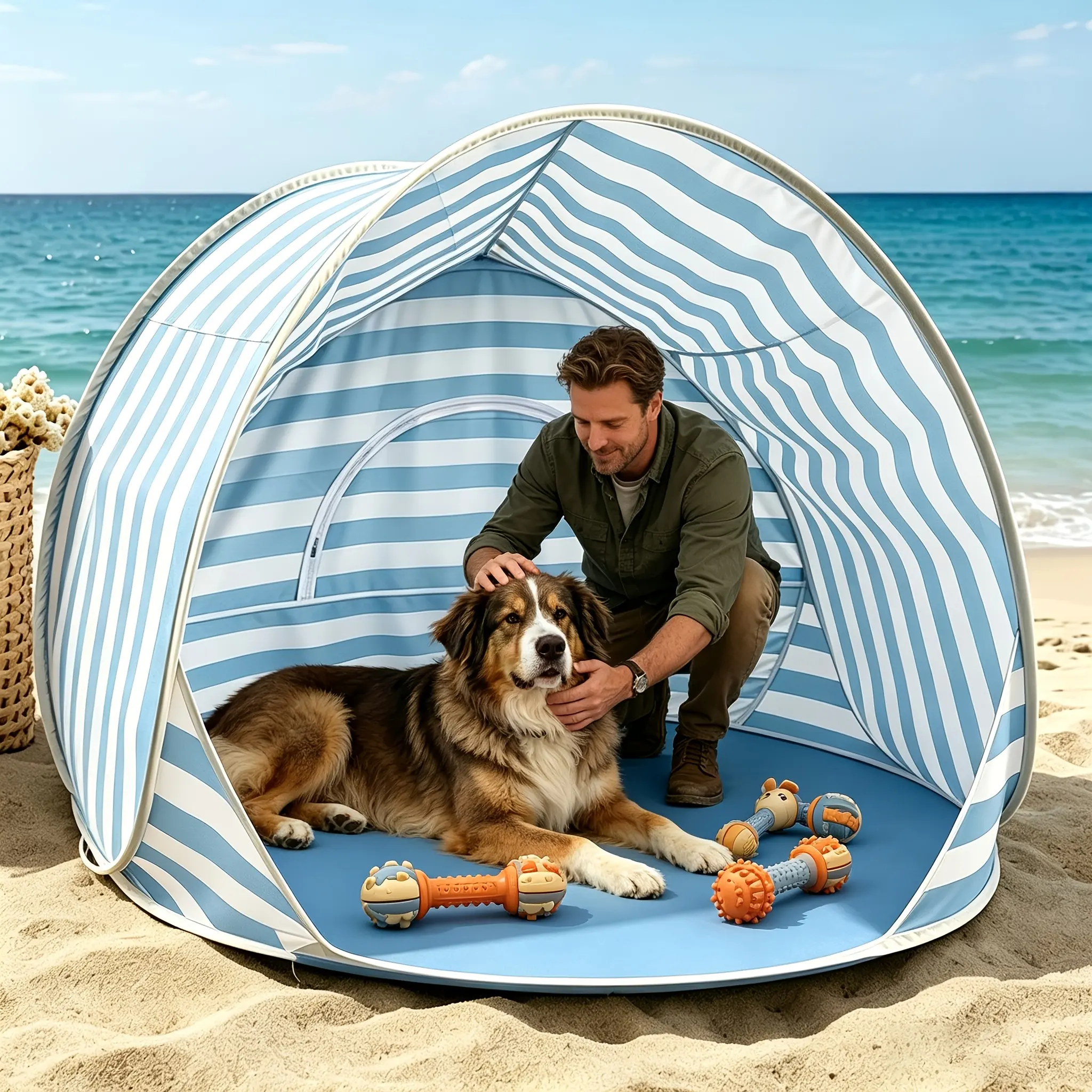 Premium Foldable Pet Tent, Breathable UV-Resistant Dog Beach Shade, Portable Pet Playpen, Indoor Outdoor Dog and Cat Bed House, for Large Dogs, with Striped Design, Ideal for Camping Beach Trips