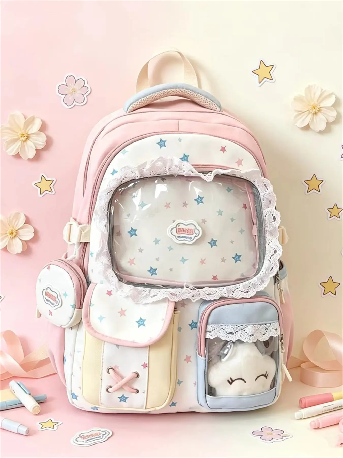 Sweet Style Kawaii Backpack for Girls, Candy Color Lace Transparent Star Student Bag, Large Capacity Cute School Backpacks, Outdoor Bag with Coin Pouch