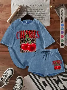 2-Piece Set, Clothes: Leopard Print & Cherry Motif, Washed, Distressed Casual Outfit, Crafted from pure cotton fabric, featuring elastic-waist drawstring shorts, A versatile wardrobe staple, perfect for a laid-back summer look paired with whi