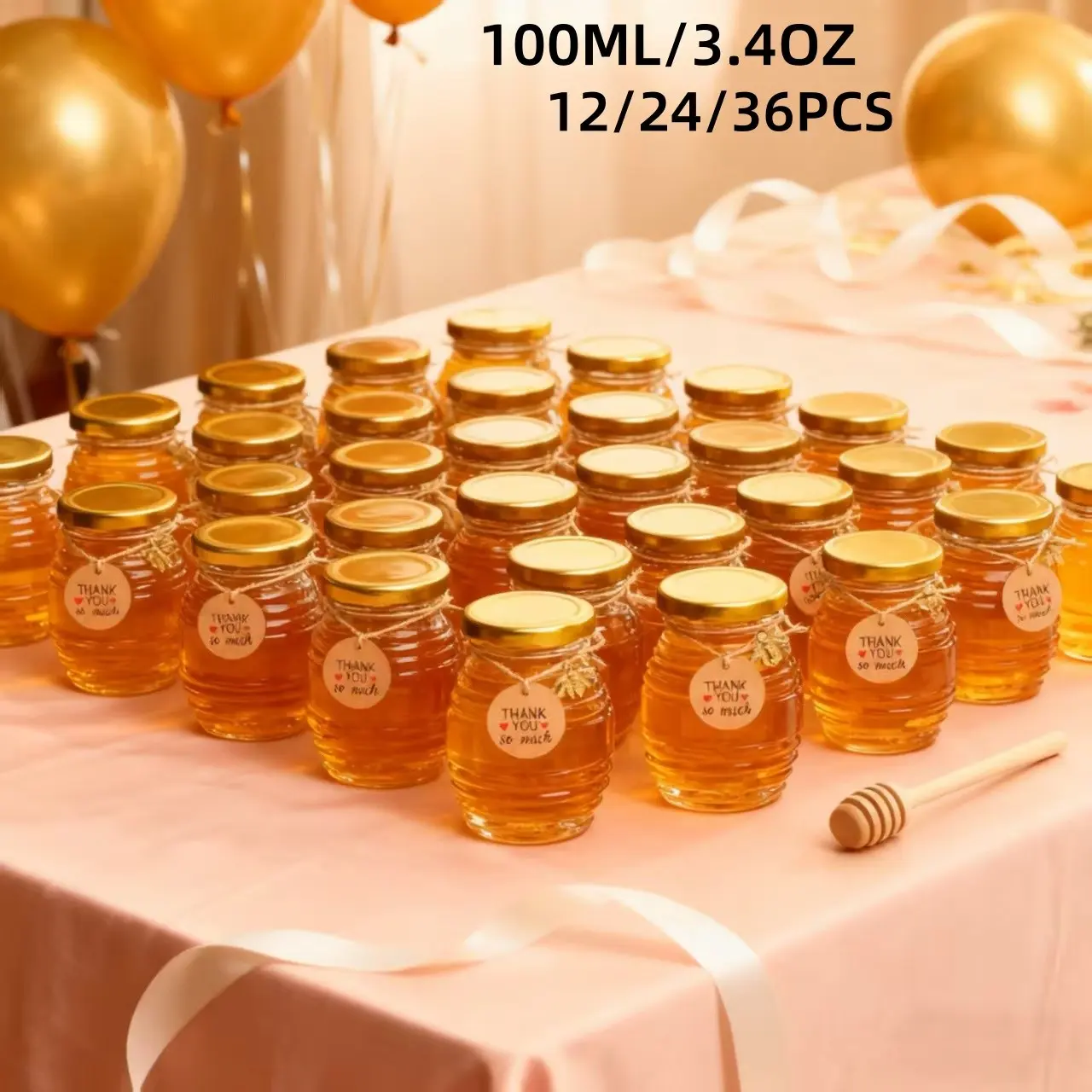 Mini Glass Honey Jar Set, Clear Jar, 12/24/36pcs, 100ML, Lid, Wooden Dipper, Bee Decor, Ideal for Baby Baptism, Wedding, Birthday Party Gifts, Glass Storage Jars