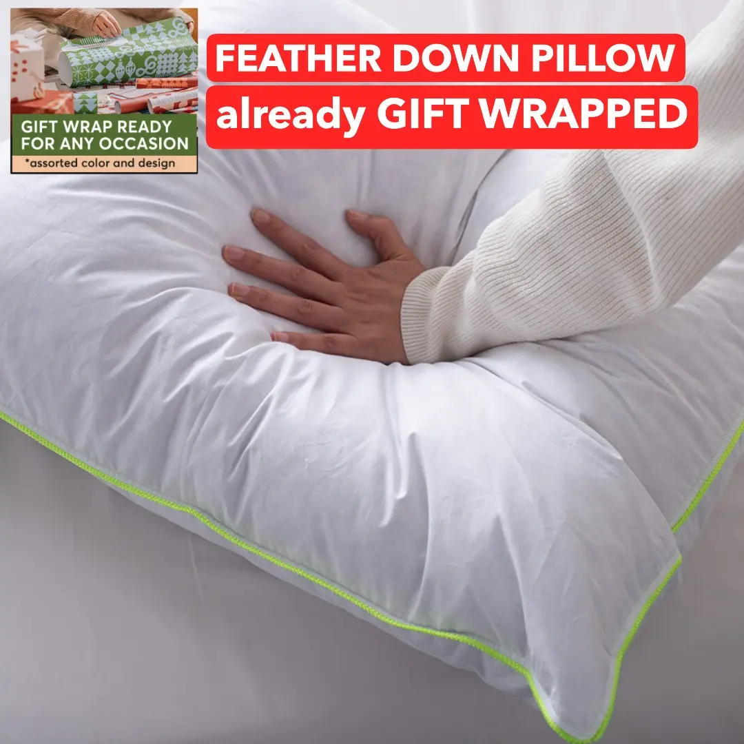 Premium Down and Feather Bed Pillow Already Gift Wrapped for Present - Christmas - Birthday - Anniversary - Wedding - Cotton Fabric Pillow- Hypoallergenic for Sleep Bedroom Bed Hotel Guest Room - Home Bedding Decor and Accessories
