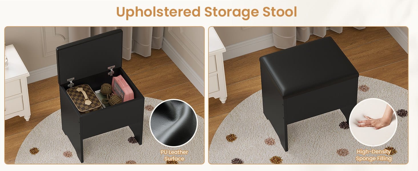 Corner Makeup Vanity with Tri-Fold Mirror and Cushioned Storage Stool Black