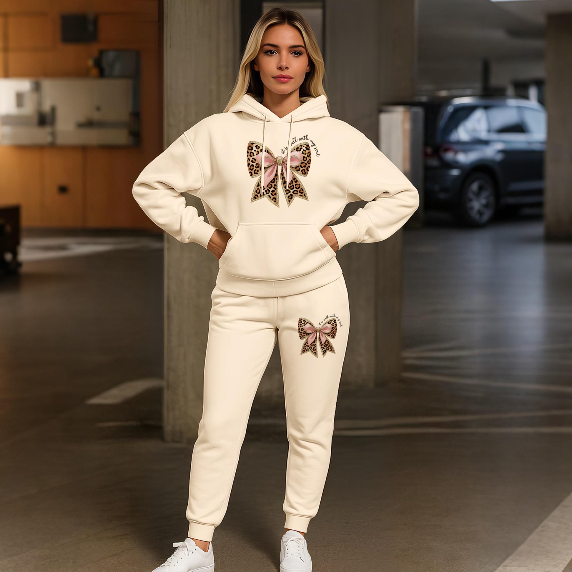 Women's Leopard Bow Print Hoodie And Drawstring Track Pants Set, Casual Sportswear, Long-Sleeved Hooded Jacket And Pants, Suitable For Autumn And Winter, Everyday Wear, Indoor And Outdoor Sportswear, Sportswear Set, Casual Sportswear.