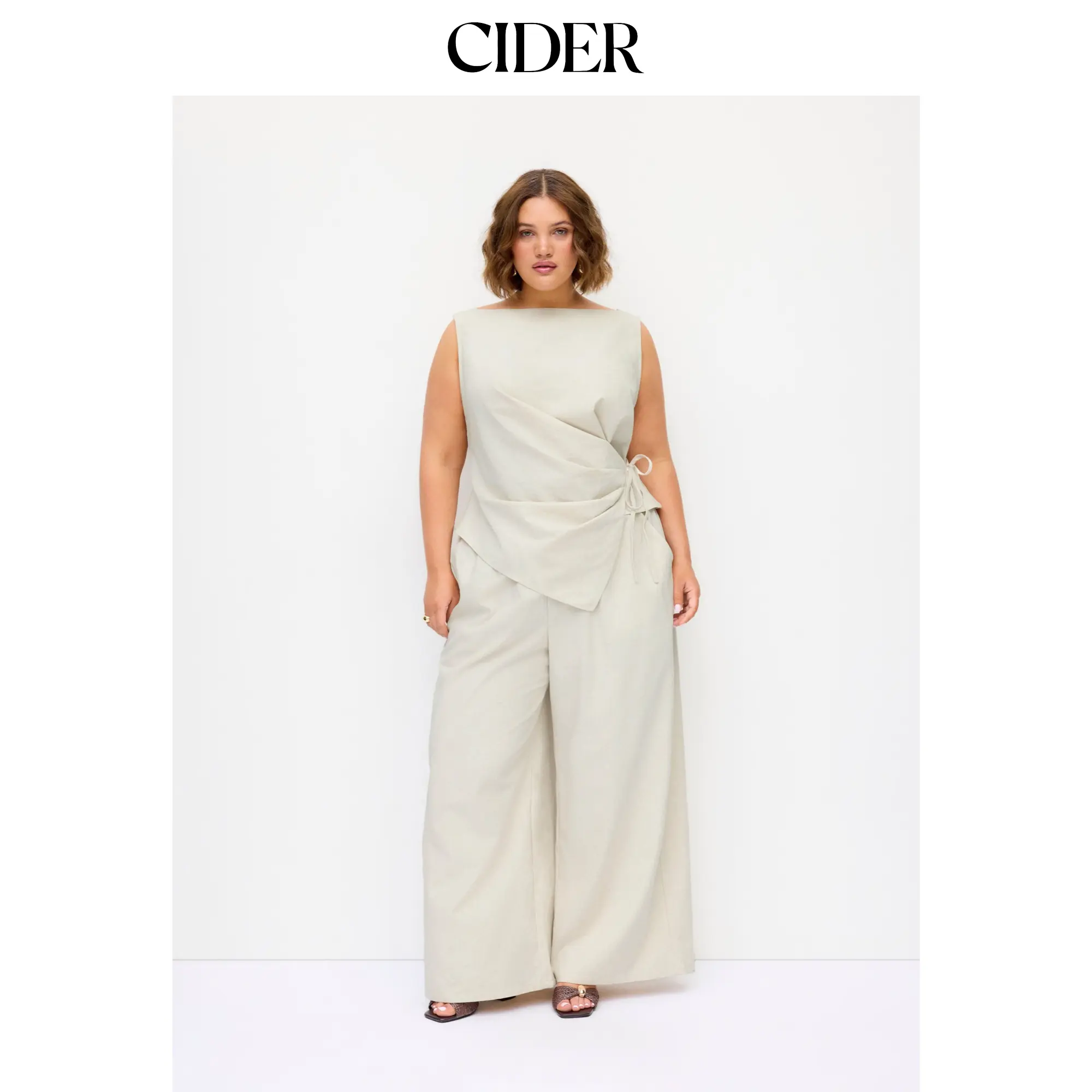 Cider Linen-blend Boat Neck Wrap Tie Top & Mid Rise Wide Leg Trousers Set Curve & Plus