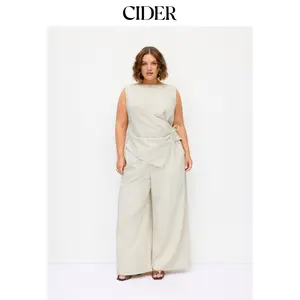 Cider Linen-blend Boat Neck Wrap Tie Top & Mid Rise Wide Leg Trousers Set Curve & Plus