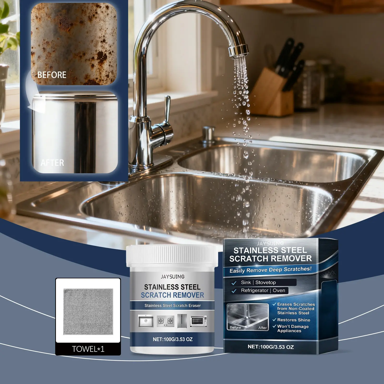 Stainless Steel Scratch Remover, Kitchen Counter & Utensil Renewal, Daily Use Stainless Steel Scratch Cleaner, Easy Application