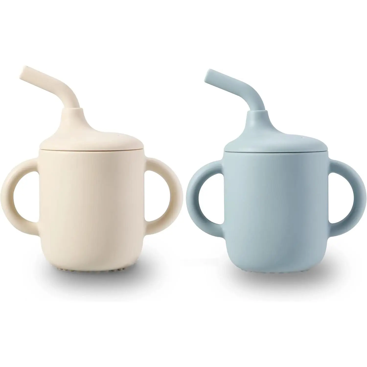 2 Pack 100% Tiny Silicone Drinking Training Cup with Handles & Straw for Baby and Toddler (White Blue)