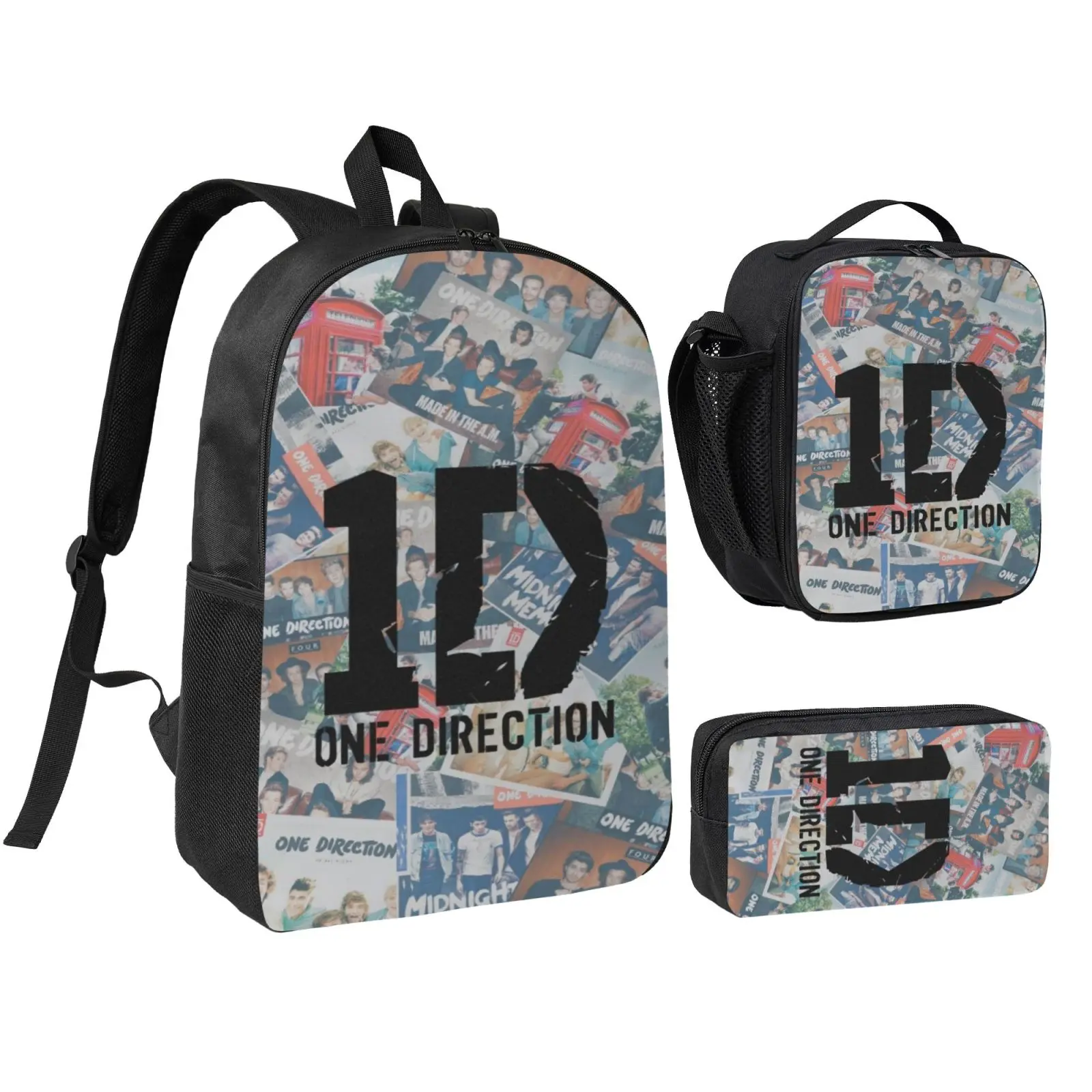 Anime One Direction1 3Pcs School Backpack Set for Teens Boys Girls, Adjustable Strap Kids Bookbag with Insulated Lunch Bag & Pencil Case, Lightweight Travel Office Daypack